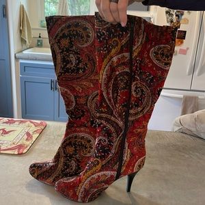 Fun fabric boots! Size 9.5. Multi color red. 3” heel. 15” from heel to top.
